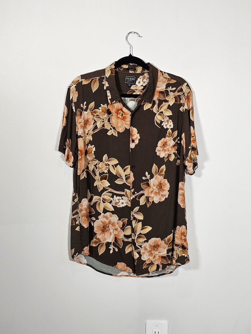GUESS Brown Floral Short-Sleeve Shirt - Orange Blossom Print Sz L